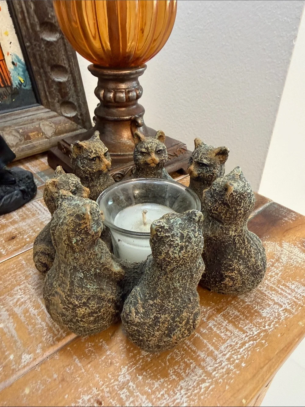 Vintage Rustic 7 Cat Ring Candle Holder in Aged Bronze Finish